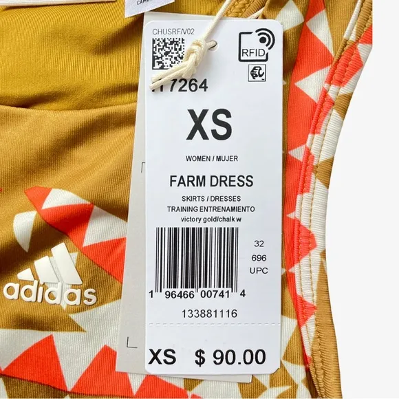 FARM Rio x Adidas Psychadelic Wave Cut Out Midi Dress Victory Gold White XS NWT
