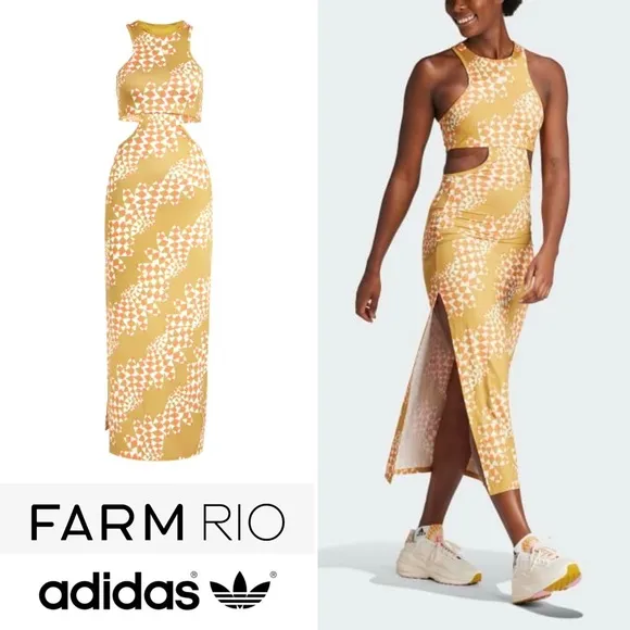 FARM Rio x Adidas Psychadelic Wave Cut Out Midi Dress Victory Gold White XS NWT