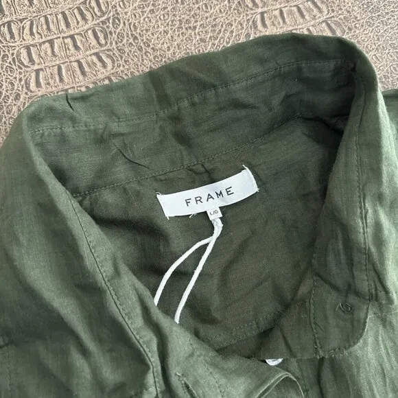 Frame Smocked Shirt Dress in Fatigue Green Puff Sleeve Shirtdress Size L
