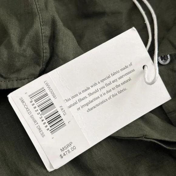 Frame Smocked Shirt Dress in Fatigue Green Puff Sleeve Shirtdress Size L