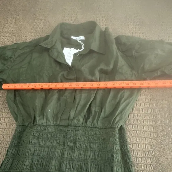 Frame Smocked Shirt Dress in Fatigue Green Puff Sleeve Shirtdress Size L
