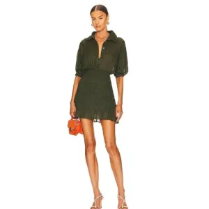 Frame Smocked Shirt Dress in Fatigue Green Puff Sleeve Shirtdress Size L