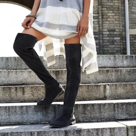 Free People Carlisle Black Suede Distressed Over The Knee Boots