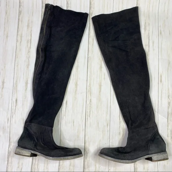 Free People Carlisle Black Suede Distressed Over The Knee Boots