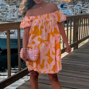 Free People Mila Printed Mini Dress Floral Orange&amp;Pink Puff Sleeve Off Shoulder
