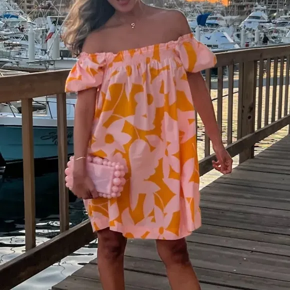 Free People Mila Printed Mini Dress Floral Orange&amp;Pink Puff Sleeve Off Shoulder