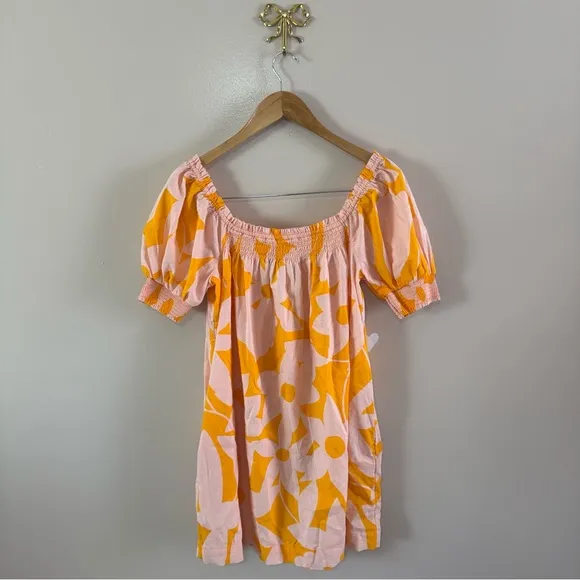 Free People Mila Printed Mini Dress Floral Orange&amp;Pink Puff Sleeve Off Shoulder