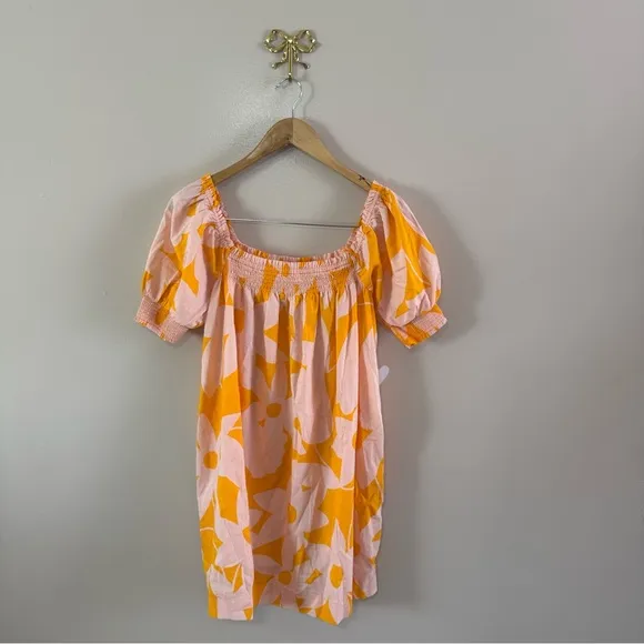 Free People Mila Printed Mini Dress Floral Orange&amp;Pink Puff Sleeve Off Shoulder