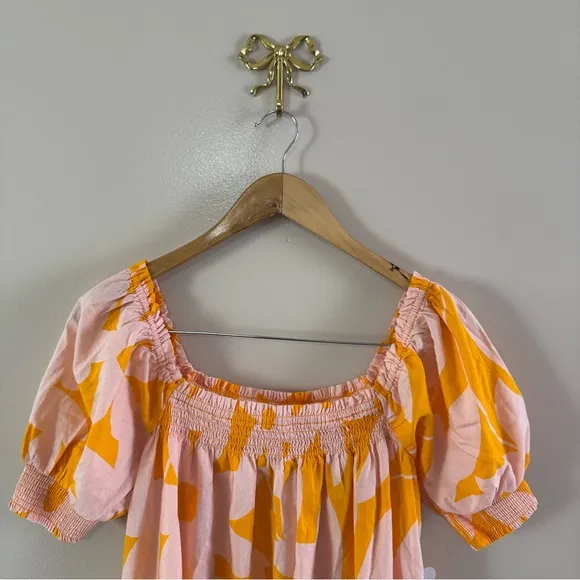 Free People Mila Printed Mini Dress Floral Orange&amp;Pink Puff Sleeve Off Shoulder