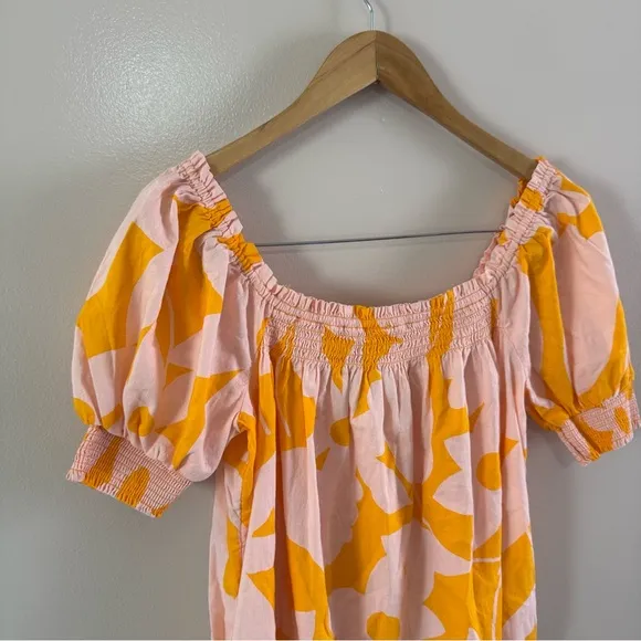 Free People Mila Printed Mini Dress Floral Orange&amp;Pink Puff Sleeve Off Shoulder