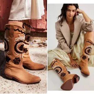 Free People Roundhouse Stitch Suede Embroidered Western Knee High Boots