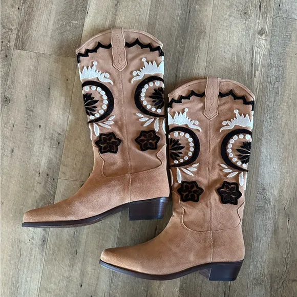Free People Roundhouse Stitch Suede Embroidered Western Knee High Boots