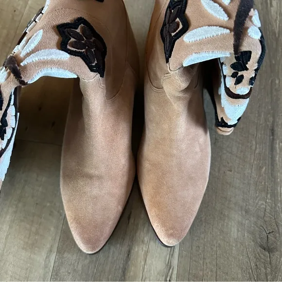 Free People Roundhouse Stitch Suede Embroidered Western Knee High Boots