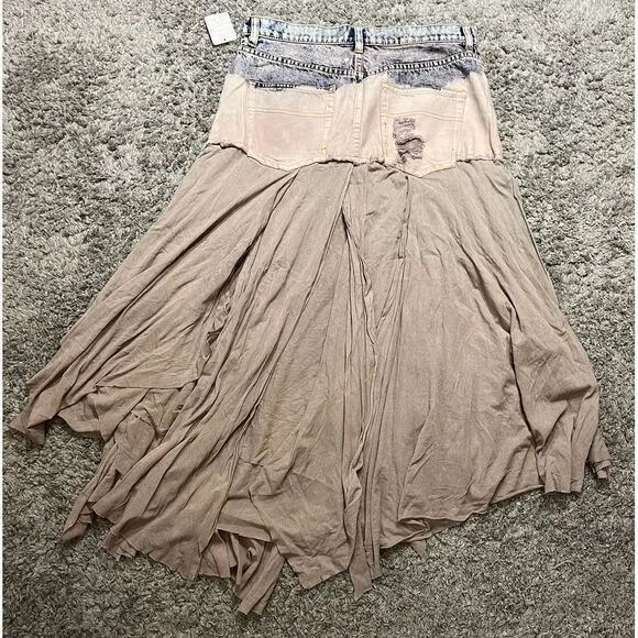 Free People Unique Distressed Denim &amp; Misty Plum Layered Skirt, Size 8,‎ NWT