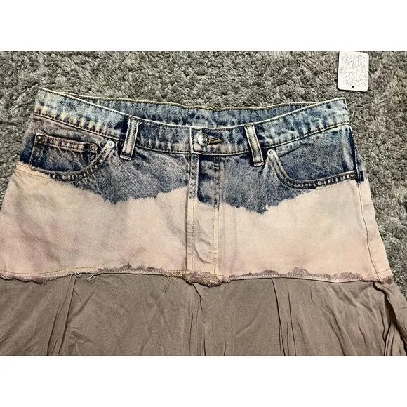 Free People Unique Distressed Denim &amp; Misty Plum Layered Skirt, Size 8,‎ NWT