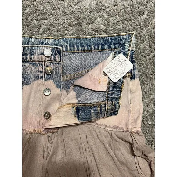 Free People Unique Distressed Denim &amp; Misty Plum Layered Skirt, Size 8,‎ NWT