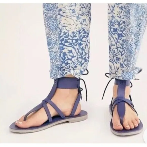 Free people Vacation Day Wrap Leather Sandals Denim blue Sz 39