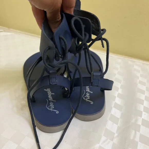 Free people Vacation Day Wrap Leather Sandals Denim blue Sz 39
