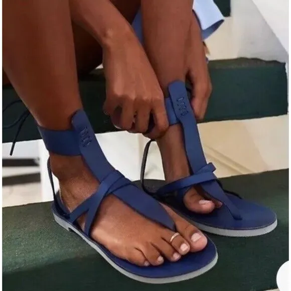 Free people Vacation Day Wrap Leather Sandals Denim blue Sz 39