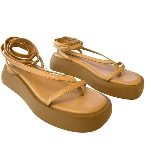 Free People Winnie Wrap Leather Nude Flatform Strappy Shoes Sz 7 NEW