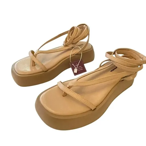 Free People Winnie Wrap Leather Nude Flatform Strappy Shoes Sz 7 NEW