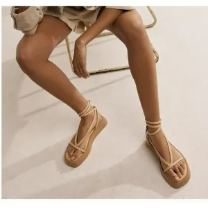 Free People Winnie Wrap Leather Nude Flatform Strappy Shoes Sz 7 NEW