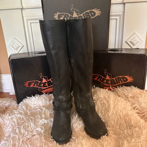 Freebird COAL Black Leather Knee-High Boots