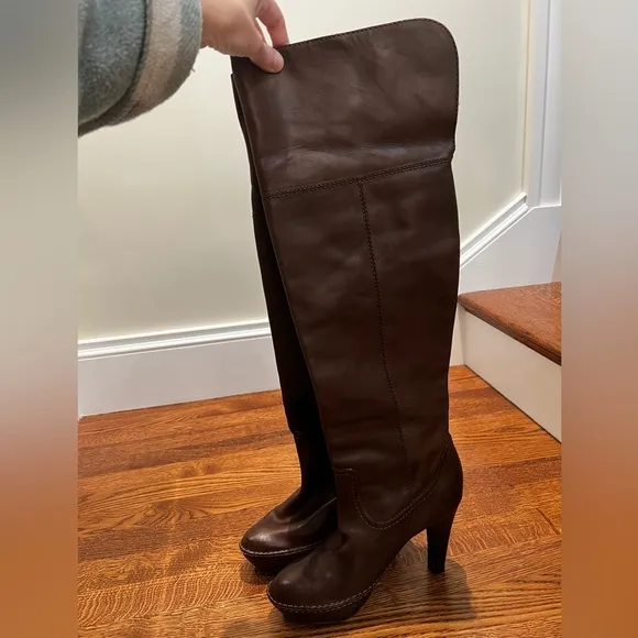 FRYE Anna Cuff Pull On Boots leather Over Knee Stacked Heel High Tall Soft 9.5