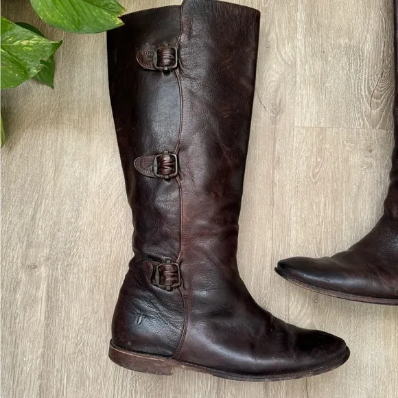 Frye Brown Leather Women’s Paige Buckles Knee High Boots size 8