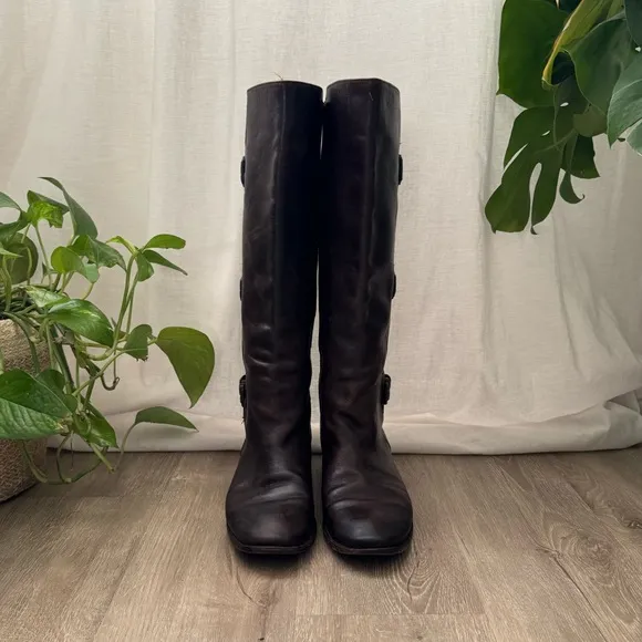 Frye Brown Leather Women’s Paige Buckles Knee High Boots size 8