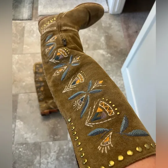 FRYE Embroidered Knee-High Suede Boots