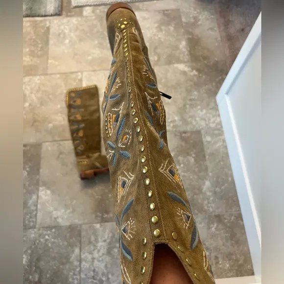FRYE Embroidered Knee-High Suede Boots