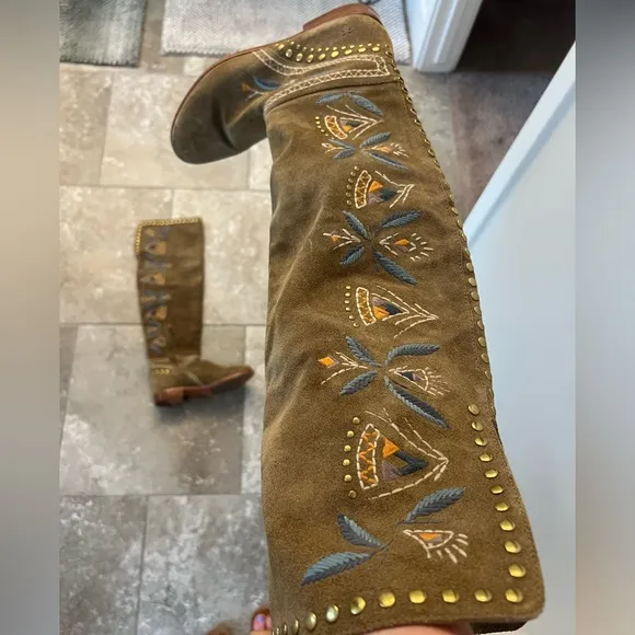 FRYE Embroidered Knee-High Suede Boots