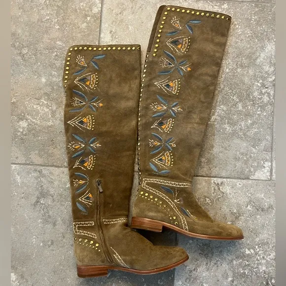 FRYE Embroidered Knee-High Suede Boots