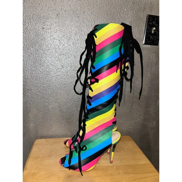 FSJ Rainbow Multicolor Stripes Peep Toe Knee High Lace Up Stiletto Heel Boots