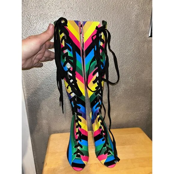 FSJ Rainbow Multicolor Stripes Peep Toe Knee High Lace Up Stiletto Heel Boots