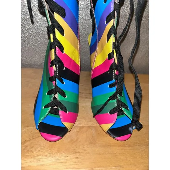 FSJ Rainbow Multicolor Stripes Peep Toe Knee High Lace Up Stiletto Heel Boots