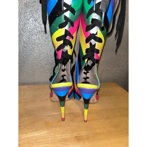 FSJ Rainbow Multicolor Stripes Peep Toe Knee High Lace Up Stiletto Heel Boots