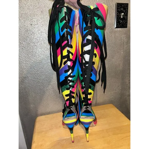 FSJ Rainbow Multicolor Stripes Peep Toe Knee High Lace Up Stiletto Heel Boots