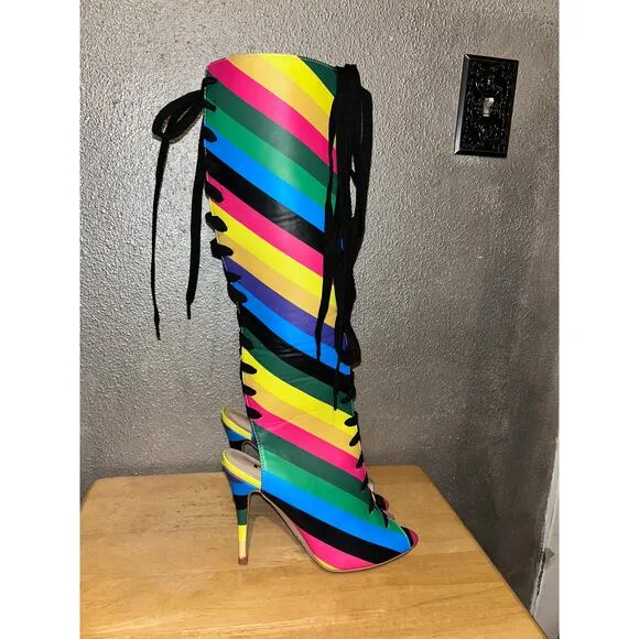 FSJ Rainbow Multicolor Stripes Peep Toe Knee High Lace Up Stiletto Heel Boots