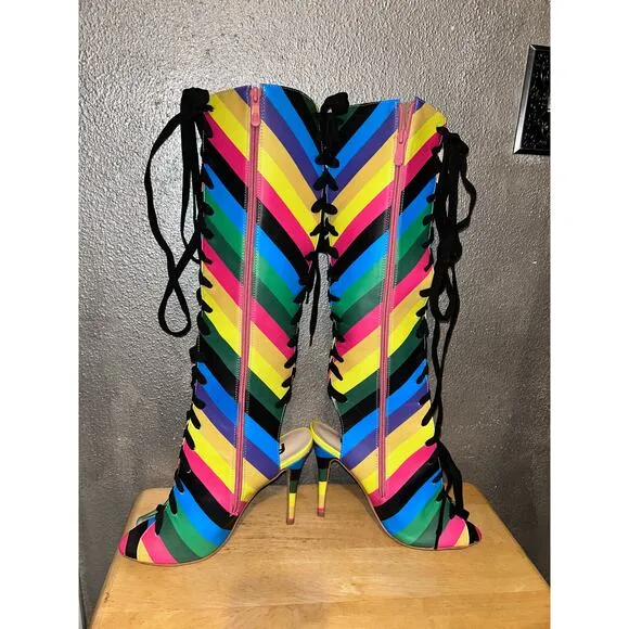 FSJ Rainbow Multicolor Stripes Peep Toe Knee High Lace Up Stiletto Heel Boots