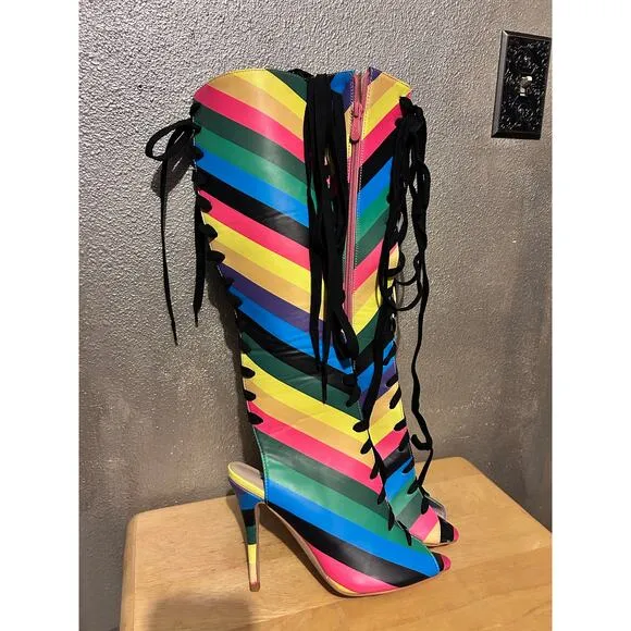 FSJ Rainbow Multicolor Stripes Peep Toe Knee High Lace Up Stiletto Heel Boots