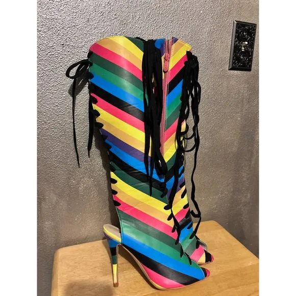 FSJ Rainbow Multicolor Stripes Peep Toe Knee High Lace Up Stiletto Heel Boots