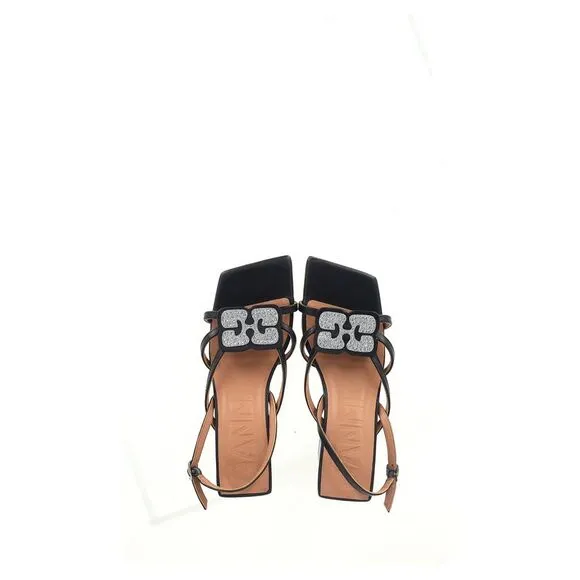 Ganni Embellished Sandals in Black Faux Leather