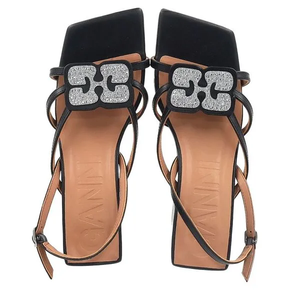Ganni Embellished Sandals in Black Faux Leather