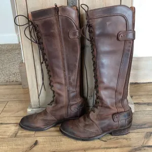 Genuine Leather Lace and Zip Up Knee High Boots