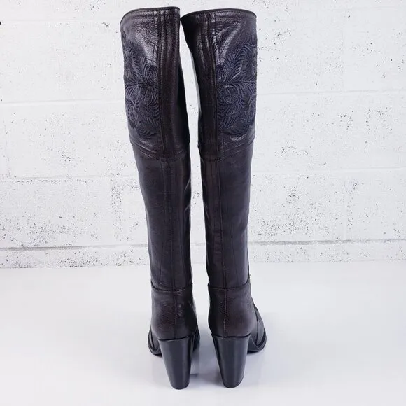 Gianni Barbato Womens Brown Embroidered Leather Knee High Heeled Boots Size 38