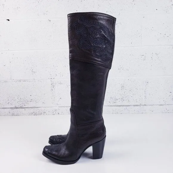 Gianni Barbato Womens Brown Embroidered Leather Knee High Heeled Boots Size 38
