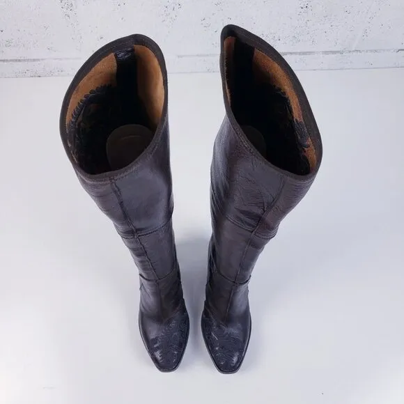 Gianni Barbato Womens Brown Embroidered Leather Knee High Heeled Boots Size 38