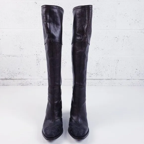 Gianni Barbato Womens Brown Embroidered Leather Knee High Heeled Boots Size 38